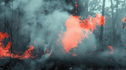 Majestic Forest Fire with Smoke and Flames in a Lush Verdant Environment Underneath a Cloudy Sky