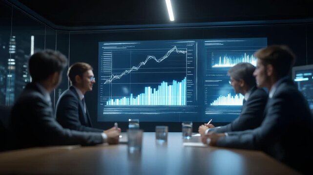 Futuristic boardroom where executives in suits debate AI-generated charts and financial forecasts projected as holograms, representing corporate leadership, strategic innovation, and