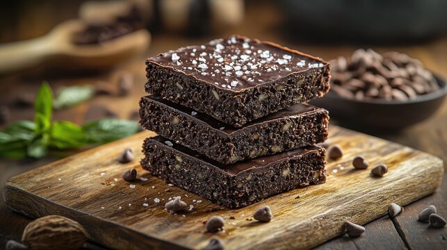 Stacked brownies on wood board, dark chocolate and sea salt