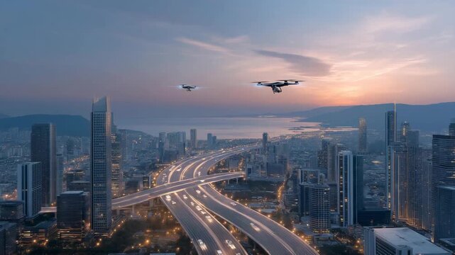Futuristic city with drones moving above skybridges and self-driving cars traveling on smart roads, highlighting automated transport infrastructure, intelligent traffic systems, and AI-powered