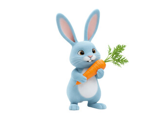 Isolated bunny rabbit holding a carrot, light-blue fur and cute expression, Easter holiday animal