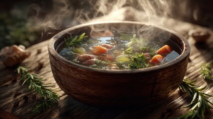 Steaming bowl of vegetable soup cozy kitchen food photography rustic atmosphere close-up view culinary delight