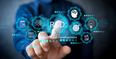 Research and development concept showing innovation process, science technology, and creative business growth