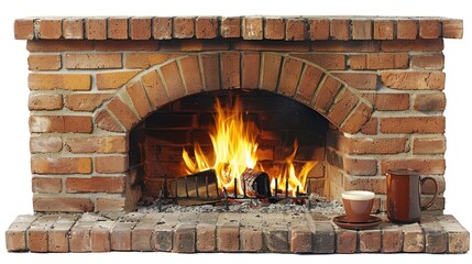 Cozy Brick Fireplace with Flames, Wooden Logs, and Hot Beverages in a Warm Setting for Relaxation and Comfort