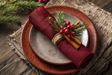 Festive christmas place setting with a napkin and decorations on a plate