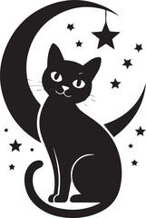 Mystical black cat sits gracefully under a crescent moon surrounded by twinkling stars a whimsical nighttime scene for creative projects and designs vector