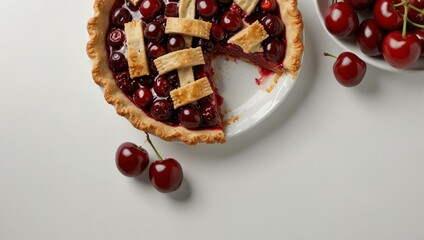 A delicious cherry pie with a lattice crust a slice removed displayed on a white plate with fresh red cherries nearby
