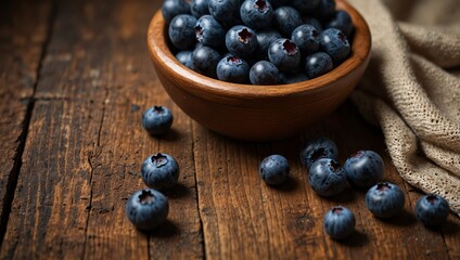 Fresh dark blue blueberries fill a rustic wooden bowl on an old textured wooden table with several berries scattered