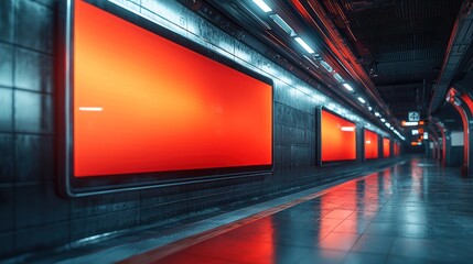 Subway tunnel with red advertising panels on tiled wall, lit by red light