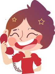 Happy Cartoon Girl Customer Service with Retro Corded Phone