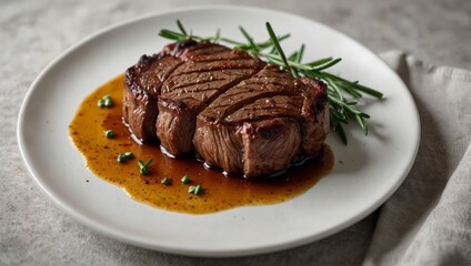 Two perfectly grilled beef steak fillets with aromatic rosemary sprigs and rich brown sauce served on a white plate