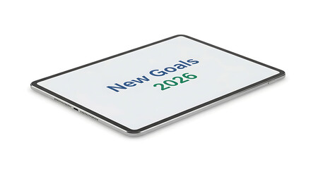 Concept of future planning and setting objectives for the year 2026, displayed on a modern digital tablet screen isolated on white