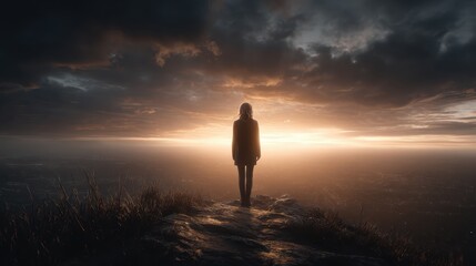 Person standing tall on hilltop at sunset nature scene photorealistic image dramatic sky inspirational viewpoint