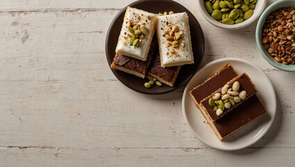 Assorted sweet bars with chocolate and white frosting topped with pistachios and mixed nuts on a rustic wooden surface