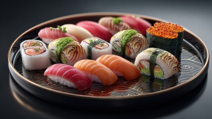 Vibrant sushi platter with colorful nigiri culinary art showcase elegant setting close-up view gastronomic delight