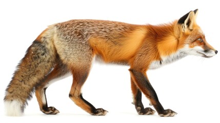 Fototapeta premium Elegant Red Fox in Profile Walking Gracefully Through Studio with Soft Lighting Against White Background