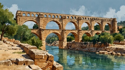 Fototapeta premium Watercolor illustration depicts a grand multi tiered stone aqueduct bridge with multiple arches spanning a serene river
