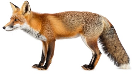 Fototapeta premium Realistic portrait of a red fox showcasing its vibrant orange fur and bushy tail, standing elegantly on a white background for nature enthusiasts.