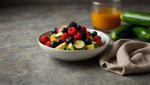 White bowl with fresh berries sliced banana and cucumber on gray textured surface Orange juice glass and whole cucumbers