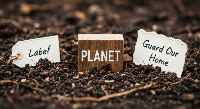 Wooden block spelling planet sitting in soil with positive message