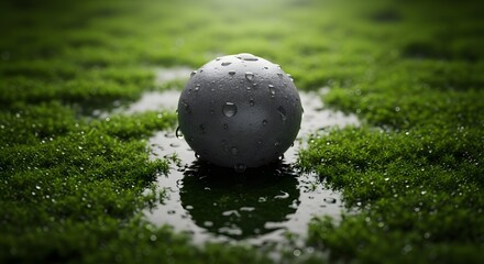 Surreal grey sphere with water droplets on a wet green mossy field