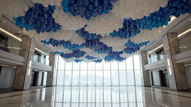 Cloud balloons decor in empty modern architecture building interior
