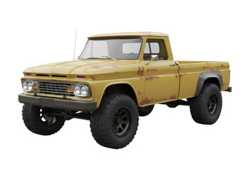 Fototapeta premium Isolated classic yellow pickup truck with off-road modifications for custom automotive work