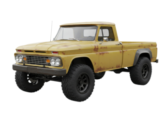 Isolated classic yellow pickup truck with off-road modifications for custom automotive work