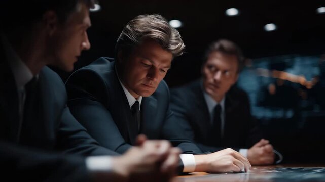 Political representatives in formal suits leaning forward during tense negotiations, symbolizing leadership, persuasion, and the intensity of political dialogue shaping international policy.