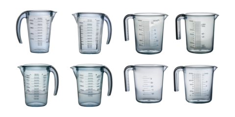 Set of plastic measuring jugs featuring ergonomic handles and volume markings, perfect for kitchen use, isolated on transparent background.