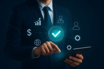 Businessman Using Digital Tablet with Virtual Checkmark and Network Icons – Smart Business Technology and Data Connection Concept
