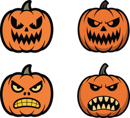 Angry Halloween pumpkin faces collection spooky carved jack o lantern evil expressions horror emoji cartoon vector illustration set design