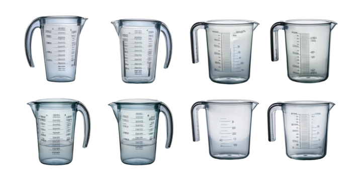 Set of plastic measuring jugs featuring ergonomic handles and volume markings, perfect for kitchen use, isolated on transparent background.