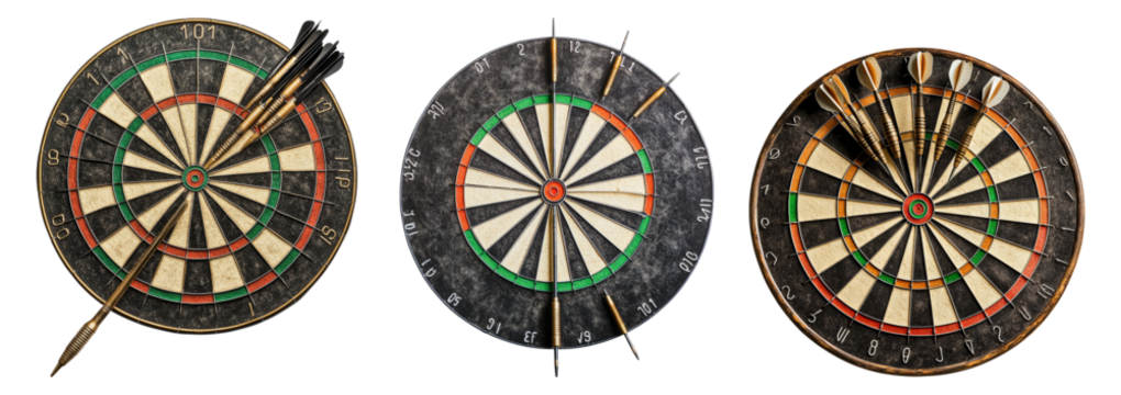 Three Dartboards with Arrows Representing Game Strategy and Skills, PNG bundle collection, Isolated on Transparent Background