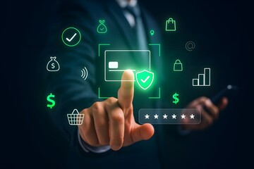 Secure Online Payment and Digital Banking Technology Concept with Businessman Using Virtual Interface
