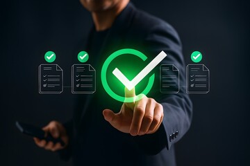 Businessman Approving Digital Documents with Virtual Check Mark – Business Verification and Success Concept
