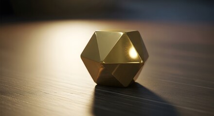 Golden Platonic Solid Object on Wooden Surface