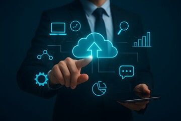 Futuristic Business Technology Concept – Professional Using Digital Interface with Holographic Data and Analytics
