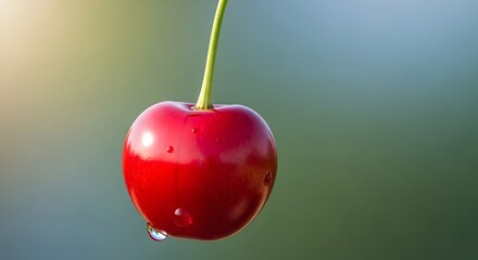 Juicy Red Cherry with Water Droplet Hanging