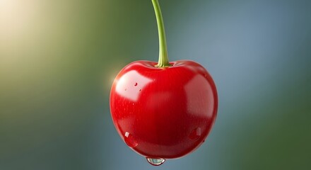 Close-Up of a Ripe Red Cherry with Water Droplet
