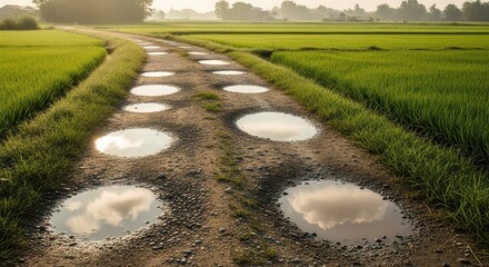 Dirt road with puddles reflecting the morning sky in a rural landscape