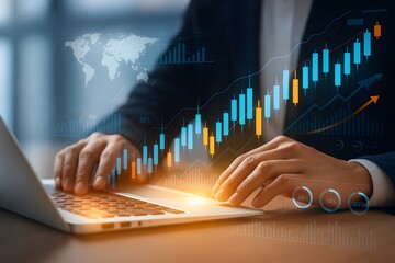 Businessman Analyzing Financial Data on Laptop with Stock Market Graphs and Charts – Modern Digital Investment Concept
