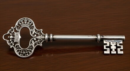 Ornate Silver Key on Wooden Surface