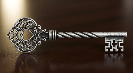 Antique Ornate Skeleton Key on a Wooden Surface