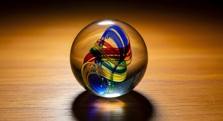 Glass Sphere with Colorful Swirls on Wooden Surface