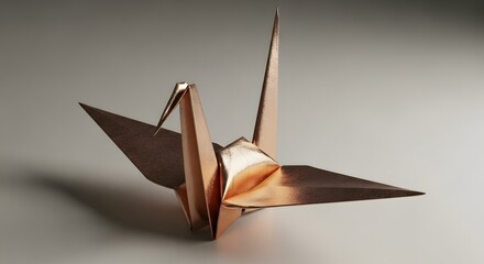 Elegant copper origami crane sculpture on a minimalist background
