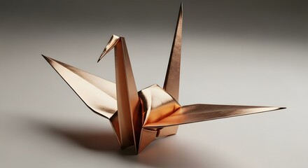 Elegant copper origami crane on a simple background