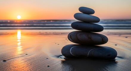 Balanced Zen Stones on a Beach with a Golden Sunset Reflection