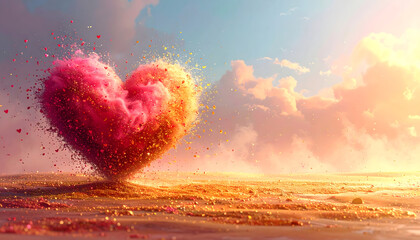 Powder and confetti made a golden-pink heart on a dreamy background with text space. Surreal, landscape with shining glitter against the morning sky for beauty projects and festive romantic designs