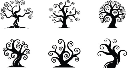 Mystical spiral tree silhouette collection for fantasy design, enchanted curly branches artwork, magical abstract nature vector set illustration © Ideasy Mind